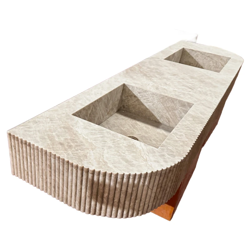 Double-Sinks Taj Mahal Quartzite Integrated Fluted Vanity Basins Double-Sinks Taj Mahal Quartzite Integrated Fluted Vanity Basins